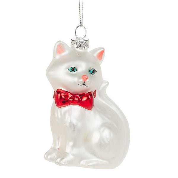 Glass Sitting Cat w/Bow Ornament