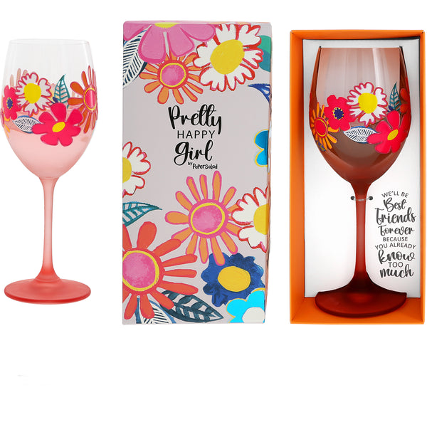 Pretty Happy Girl Wine Glass Best Friends