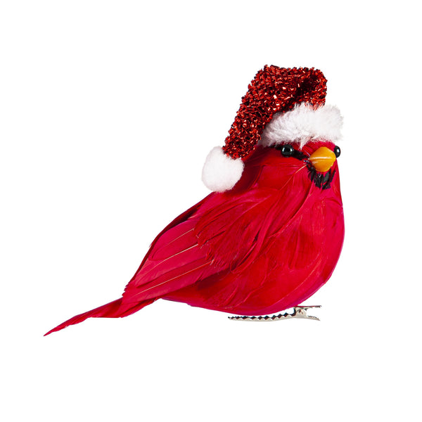 Cardinal w/Santa Hat Feather Bird Clip