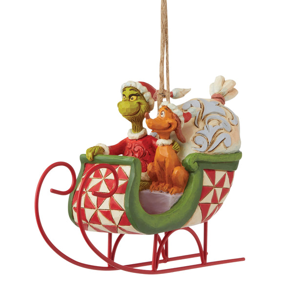 Jim Shore Ornament Grinch and Max in Sleigh