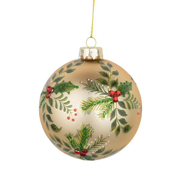 Glass Holly Gems Ball Ornament Gold