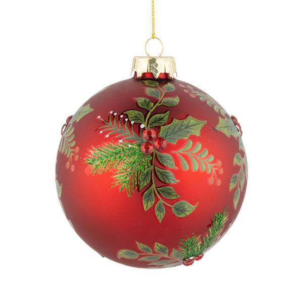 Glass Holly Gems Ball Ornament Red