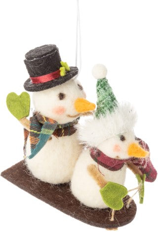 Felt Snowman Couple on Toboggan Ornament