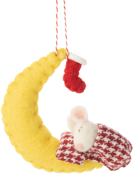 Felt Mouse Under Crescent Moon Ornament