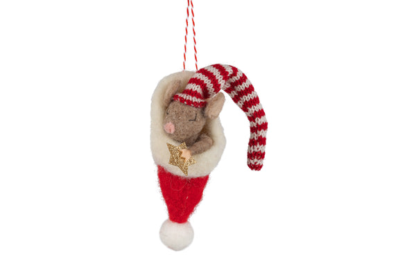 Felt Mouse Sleeping in Santa Hat Ornament