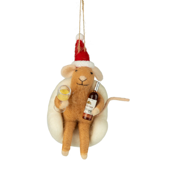 Felt Mouse in Chair w/Wine Ornament