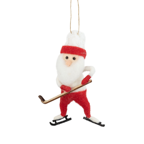 Felt Santa Playing Hockey Ornament