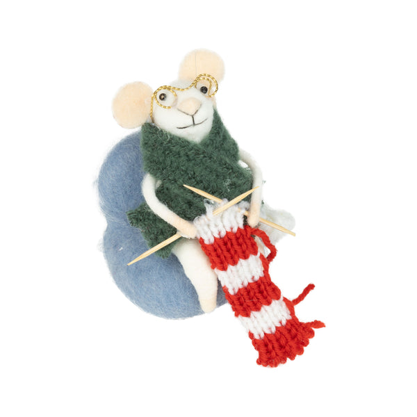 Felt Mouse Knitting in Blue Chair Ornament