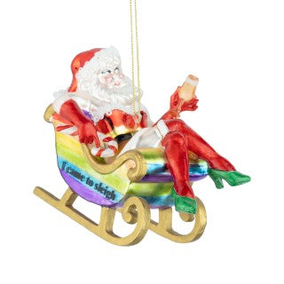 Glass Drag Santa in Rainbow Sleigh Ornament