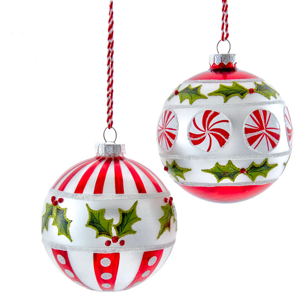 Glass Peppermint/Holly Ball Ornament