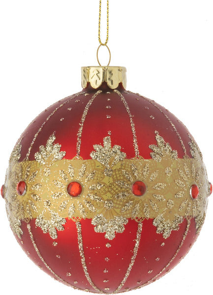 Glass Red w/Gold Motif & Gems Ball Ornament