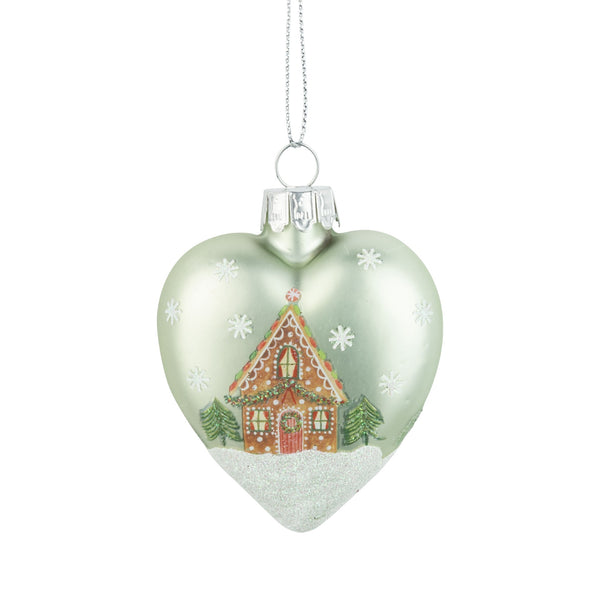 Glass Gingerbread House Heart Ornament Green