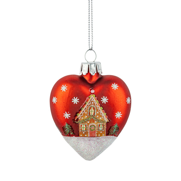 Glass Gingerbread House Heart Ornament Red