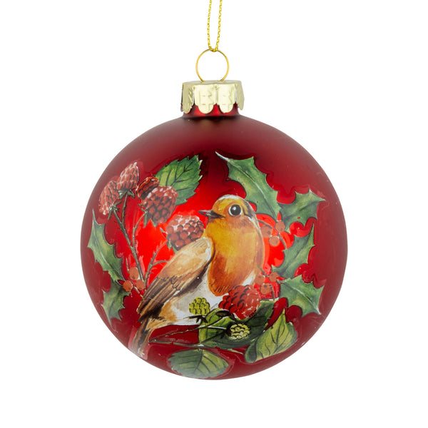 Glass Robin & Holly Ball Ornament