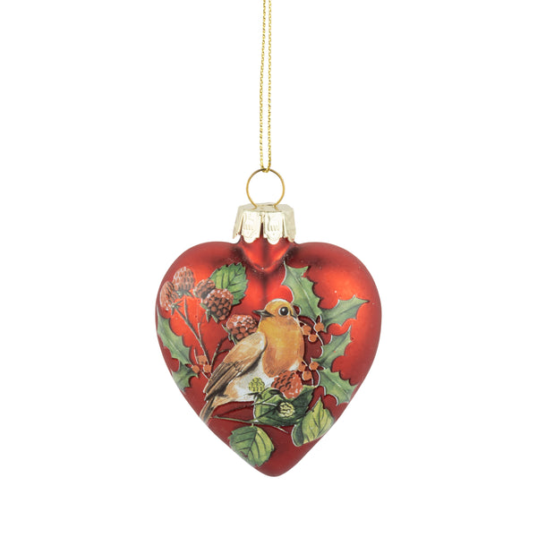Glass Robin & Holly Heart Ornament