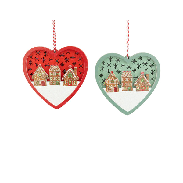 Wooden Painted Gingerbread House Heart Ornament