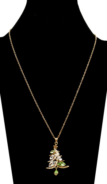 Crystal Christmas Tree Long Necklace Gold