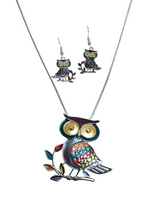 Owl Necklace & Earrings Set Purple