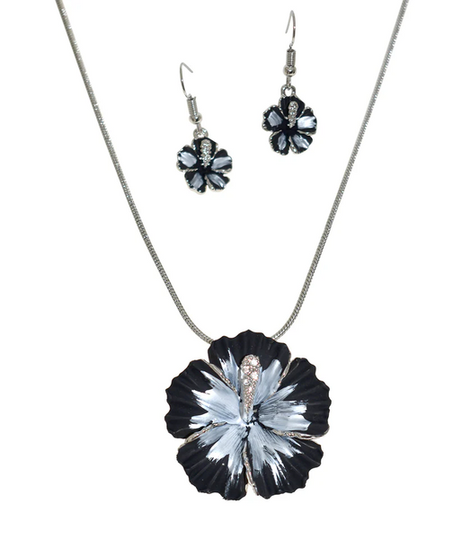 Black Flower Necklace & Earrings Set