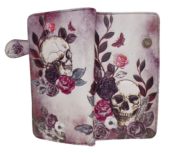 Large Zipper Wallet Skull & Flowers Rose