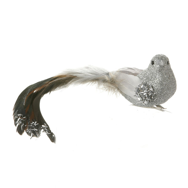 Silver Glitz Feather Bird w/Clip