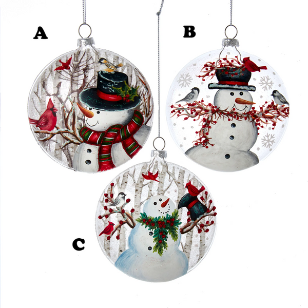 Glass Snowman w/Birds Disc Ornament