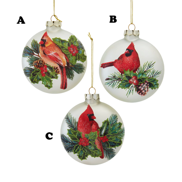 Glass Cardinal & Holly Ball Ornament
