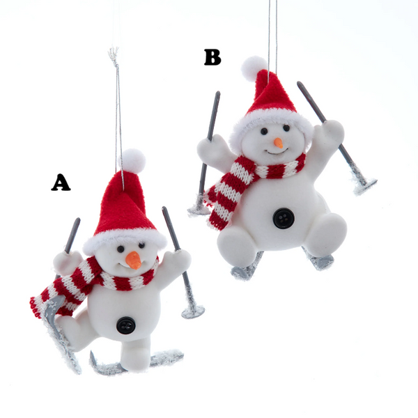 Flocked Snowman Skiing Ornament