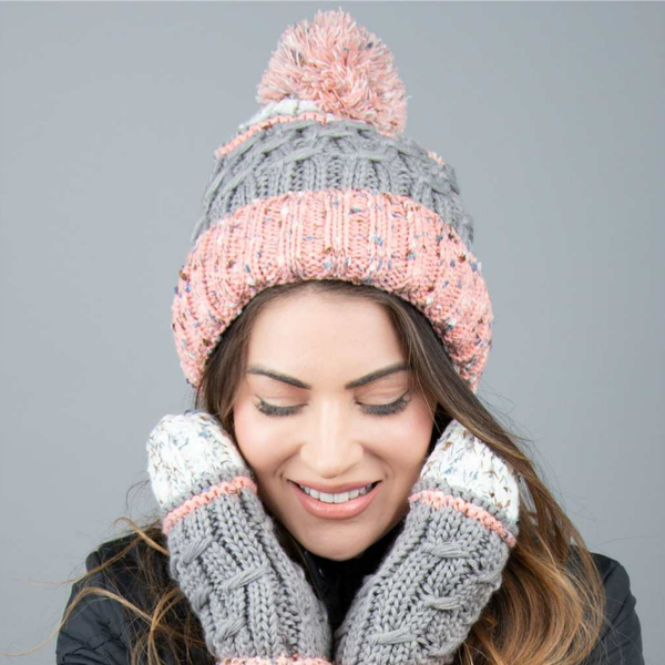 Knit Beanie & Mittens Set Grey/Rose