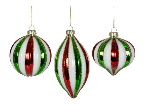 Glass Striped Ornament Red/White/Green