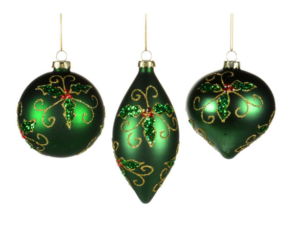 Glass Green Holly Ornament