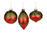 Glass Red w/Holly Ornament