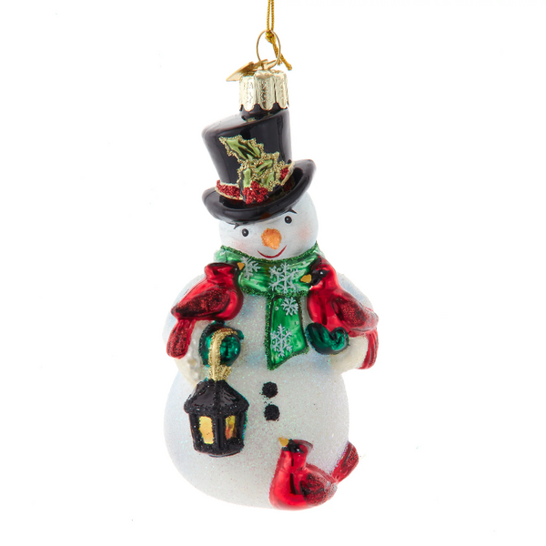 Noble Gems Glass Snowman w/Cardinals Ornament