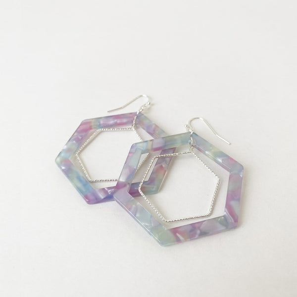 Ariana Hexagon Earrings Aqua/Lavender w/Silver