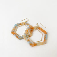 Ariana Hexagon Earrings Orange/Light Blue w/Gold